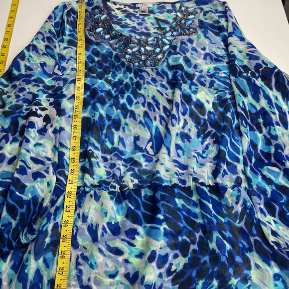 Cache Womens Blue Floral Embelished Boho Cinch Waist Peasant Blouse XL - Picture 5 of 7
